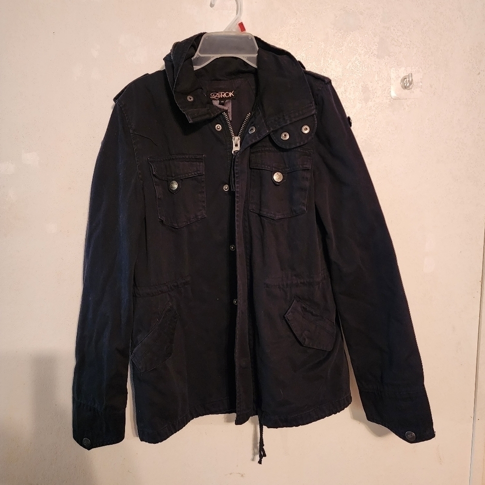 LaRok Black Utility Jacket Hooded Full Zip Snap Button Size XS, no vest